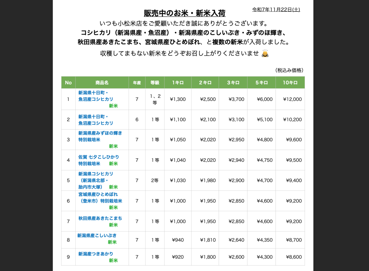 販売中のお米・新米入荷